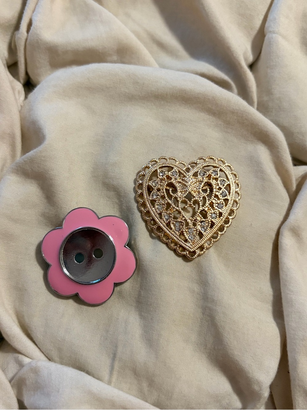 Free People Pink Enamel Flower and Filigree Heart Brooch Set
